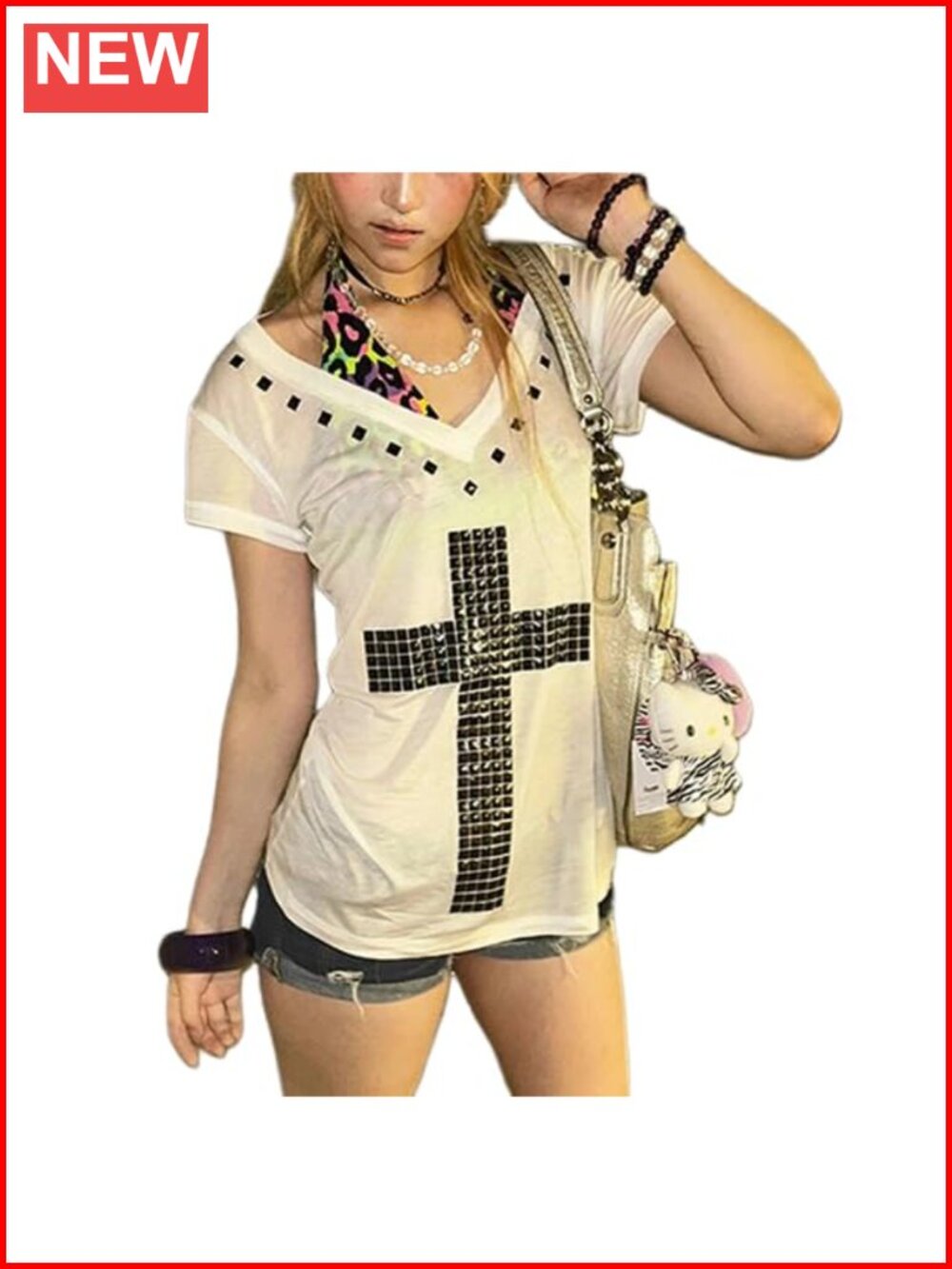 Women's Studded Cross Graphic Tee Slim Fit V-Neck Grunge Punk T-Shirt